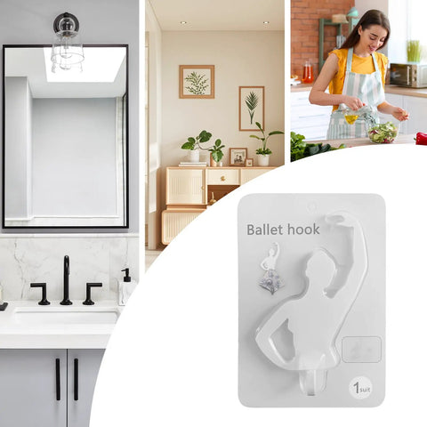 Kickass Sticky Wall Hooks Featuring A Snazzy Ballet Design Deliver Rock Solid Hold For Quick Organization And Snazzy Room Accents Without Damage Or Drilling Required showing white ballet hook packaging in a stylish kitchen.