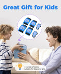 Child receiving Kids Protective Gear Set With Knee Pads, Elbow Pads, And Wrist Guards shown in gift box.