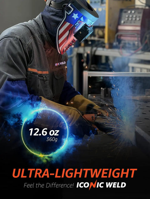 Welder wearing Auto Darkening Welding Helmet With Flip Up Lens, Ultra Lightweight 12-13 oz, shade 4/9-13, white safety gear in action