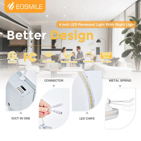 EOSMILE 3 Inch White LED Recessed Lighting with Night Light, 6 Pack features design highlights and components like metal spring and LED chips.