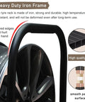 Street Ready Heavy Duty Tire Rack For Your Local Garage Floor Standing Dual Tier Wheel Storage Cart Adjustable Height Steel Frame Swaps Rims Quick Without The Fuss In Black close-up of heavy duty iron frame with curved edges and smooth finish.