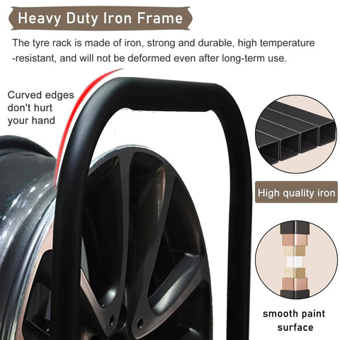Street Ready Heavy Duty Tire Rack For Your Local Garage Floor Standing Dual Tier Wheel Storage Cart Adjustable Height Steel Frame Swaps Rims Quick Without The Fuss In Black close-up of heavy duty iron frame with curved edges and smooth finish.