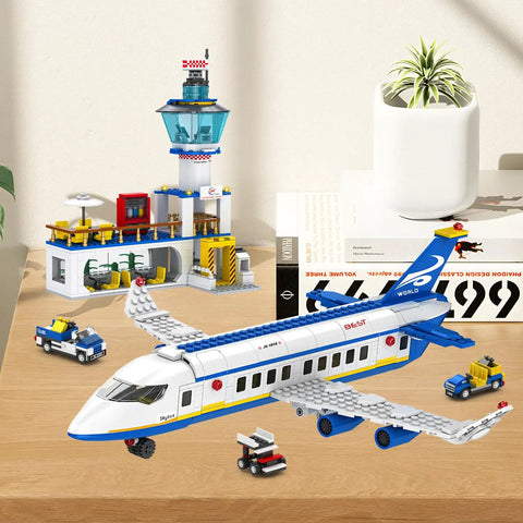 Six In One City Airport Airplane Building Set With 886 Pieces for STEM Learning, showing airplane, terminal, and vehicles