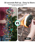 Comparison of tangled string lights vs. coiled 4 In 1 Camping Lantern And String Lights 32.8 Ft Outdoor Lighting Kit with person holding reel.