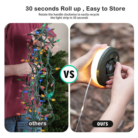 Comparison of tangled string lights vs. coiled 4 In 1 Camping Lantern And String Lights 32.8 Ft Outdoor Lighting Kit with person holding reel.