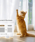 White Privacy Curtains Four Panels Light Filtering Rod Pocket Top Window Drapes 42 Inch Wide By 63 Inch Long Each Non See Through Opaque with cat demonstrating scratch resistance by window.