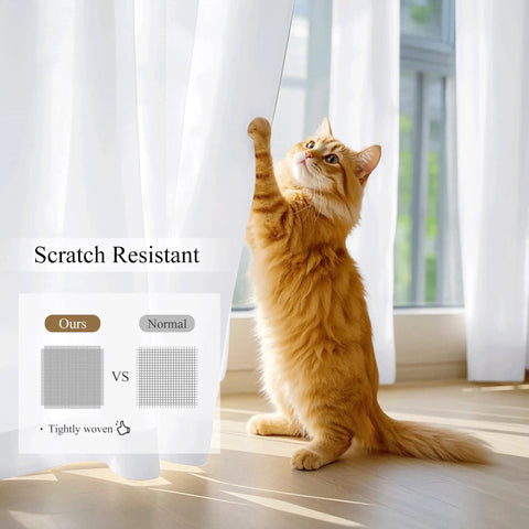 White Privacy Curtains Four Panels Light Filtering Rod Pocket Top Window Drapes 42 Inch Wide By 63 Inch Long Each Non See Through Opaque with cat demonstrating scratch resistance by window.