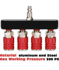 Front view of Four Way Air Manifold Splitter with red anodized sleeves, aluminum body, and steel fittings, max pressure 300 PSI.