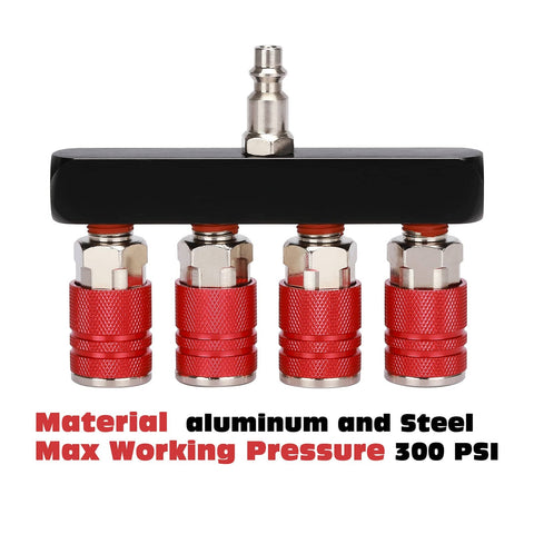 Front view of Four Way Air Manifold Splitter with red anodized sleeves, aluminum body, and steel fittings, max pressure 300 PSI.