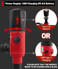 Dual power options of Upgraded 2025 Fuel Transfer Pump With Leak Proof USB Charging And AA Battery Backup shown.