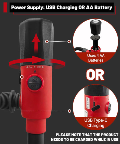 Dual power options of Upgraded 2025 Fuel Transfer Pump With Leak Proof USB Charging And AA Battery Backup shown.