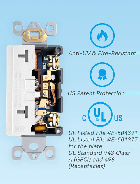Interior view of Top Shelf 20 Amp GFCI Outlet With Auto Self Triggering Ground Fault Breaker And Bright Led Light showing components.