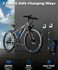 Zippy 1500W Peak Mountain Electric Bike For Adults With 25 MPH Top Speed showing charging setup and features