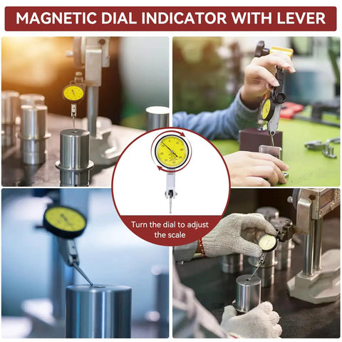Dial Indicator With Flexible Magnetic Stand For Tight Spaces Pro Grade Dial Test Indicator Set 0 To 0.8mm Range 0.01mm Resolution Surface Variation Gauge For Machine Setup And Precision Measurements in use on machinery.