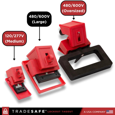 Heavy Duty Clamp-On Circuit Breaker Lockout Device Kit, 3 Pack, 480 and 600 Volt, OSHA Compliant, shown in medium, large, oversized