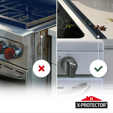 Side-by-side image of dirty and clean stove with Premium Silicone Stove Gap Cover For Between Stove And Counter, Self Adhesive 50 Inch By 1 Inch Gap Filler, Heat Resistant Spill Guard, Easy Install Kitchen Protector That Keeps Gunk And Debris From Getting In.
