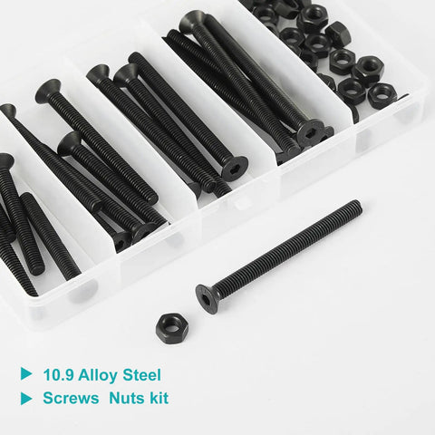 Heavy Duty M6 Countersunk Bolts And Hex Socket Cap Screws Kit, 50 Piece Assortment With Hex Nuts, 10.9 Alloy Steel Black Oxide Coating in storage box.