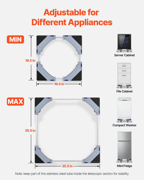Adjustable Mobile Platform 16.5 to 25.5 in Heavy Duty Rolling Base For Mini Fridge And Washing Machine with locking casters.