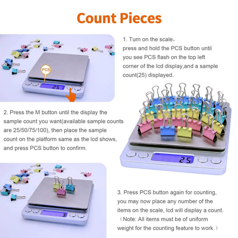 Pro Grade 3000g Kitchen Scale With 0.1g Precision Digital Food Scale counting colorful clips with PCS function displayed