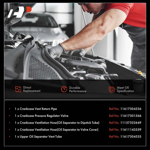 Mechanic installing BMW Direct Fit Crankcase Vent Valve Breather Hose Kit PCV With Ventilation Separator Premium 5 Piece Set