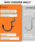 Comparison of heavy-duty black pegboard hooks with others, showing features like matte finish and double peg design.