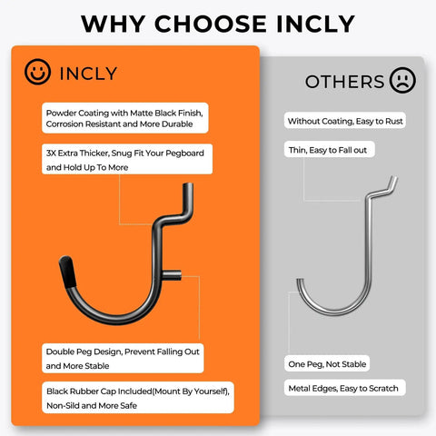 Comparison of heavy-duty black pegboard hooks with others, showing features like matte finish and double peg design.