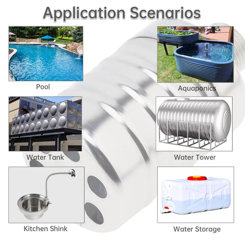 Auto Fill Float Valve 1/2 To 3/4 Inch With 304 Stainless Steel Construction, Durable Water Level Shutoff Valve For Trough Systems, Includes 2 O-Rings, Elbow, And 1/2 To 3/4 Inch Adapter. Application scenarios for pool, aquaponics, water tank, tower, kitchen sink, storage
