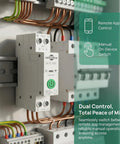 Heavy Duty Smart WiFi Circuit Breaker With Slick App Command And Easy Peasy Setup Offers Solid 63A Adjustable Load Protection Plus Quick Alerts And Auto Power Cut For Real Home Peace Of Mind In Convenient Two Pack Design, showing dual control feature with app and manual switch.