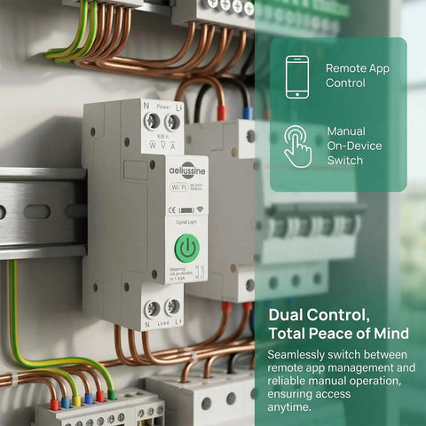 Heavy Duty Smart WiFi Circuit Breaker With Slick App Command And Easy Peasy Setup Offers Solid 63A Adjustable Load Protection Plus Quick Alerts And Auto Power Cut For Real Home Peace Of Mind In Convenient Two Pack Design, showing dual control feature with app and manual switch.