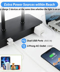 Close-up of 20 Inch High 3 Way Dimmable Touch Lamp base with USB ports and AC outlet charging phone and laptop