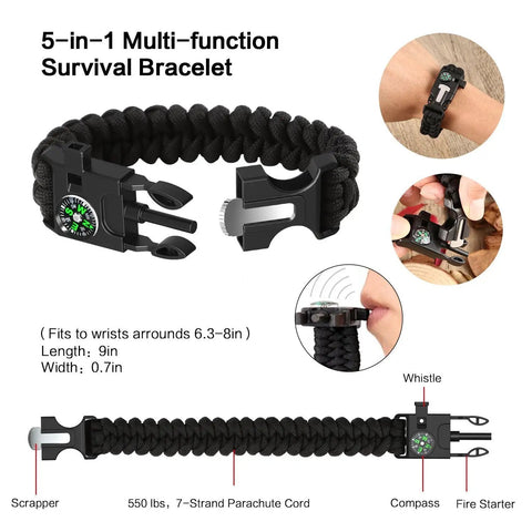 Black 5-in-1 survival bracelet from the 13 In 1 Emergency Survival Kit For Outdoor Adventures, featuring compass and fire starter.