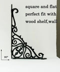 Heavy Duty Wrought Iron Shelf Brackets Two Pack Antique Black Corbels Built Tough For Your Home Rig With Included Wall Hardware And Flat Square Design For Slick Modern Farmhouse Vibes Everywhere, decorative side view with ornate design.