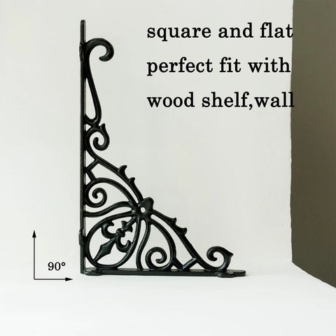 Heavy Duty Wrought Iron Shelf Brackets Two Pack Antique Black Corbels Built Tough For Your Home Rig With Included Wall Hardware And Flat Square Design For Slick Modern Farmhouse Vibes Everywhere, decorative side view with ornate design.