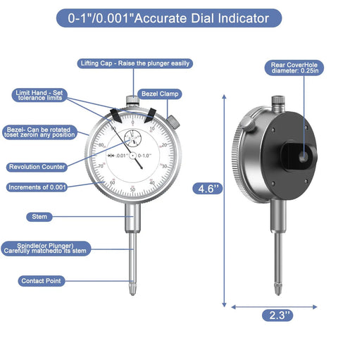 Front and side view of Dial Indicator 0 To 1 Inch Range With 0.001 Inch Resolution Case Included Precision Measuring Tool.