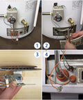 Pilot assembly for natural gas water heater mounted on front panel (front view)

Natural gas water heater side view with pilot valve and gas line connections

Close-up of pilot assembly components with wiring and mounting bracket

Installed bottom view of water heater with gas line, wires, and access panel