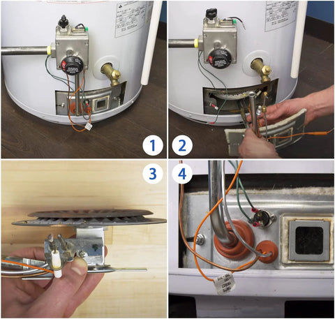 Pilot assembly for natural gas water heater mounted on front panel (front view)

Natural gas water heater side view with pilot valve and gas line connections

Close-up of pilot assembly components with wiring and mounting bracket

Installed bottom view of water heater with gas line, wires, and access panel