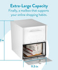 Oasis Classic Large High Security Parcel Mailbox for Outdoor Use open showing large package space, dimensions labeled