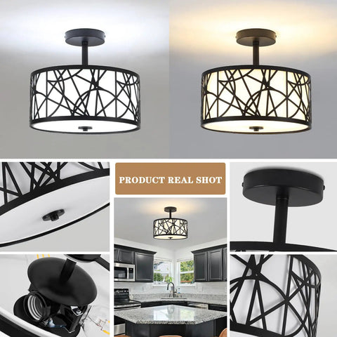 Black lattice ceiling light fixtures displayed in various angles including kitchen installation.