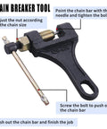 Pro Grade Heavy Duty Chain Breaker Tool For 420 428 520 525 528 530 Roller Chains with instructions labeled