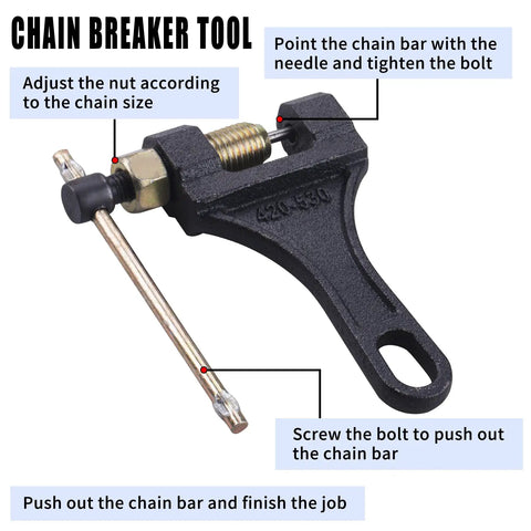 Pro Grade Heavy Duty Chain Breaker Tool For 420 428 520 525 528 530 Roller Chains with instructions labeled