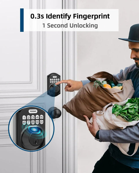 Man unlocking door with Fingerprint Door Lock Set With Keypad And Handle No Keys Needed Smart Auto Lock For Front Door