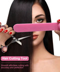 Game Changing DIY Haircutting Kit For Home Use Including Ultra Slick Hair Scissors Split Ends Trimmer And Precision Bangs Clips, showing scissors and pink tool held for cutting hair.