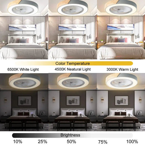 20 Inch Modern Wood Ceiling Fan With Light And Remote Low Profile Bladeless Ceiling Fan showing color and brightness options