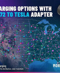 Map showing J1772 to Tesla Charging Adapter locations for public EV charging stations, highlighting accessibility and coverage.