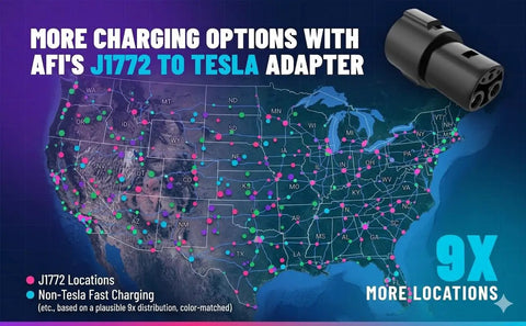 Map showing J1772 to Tesla Charging Adapter locations for public EV charging stations, highlighting accessibility and coverage.