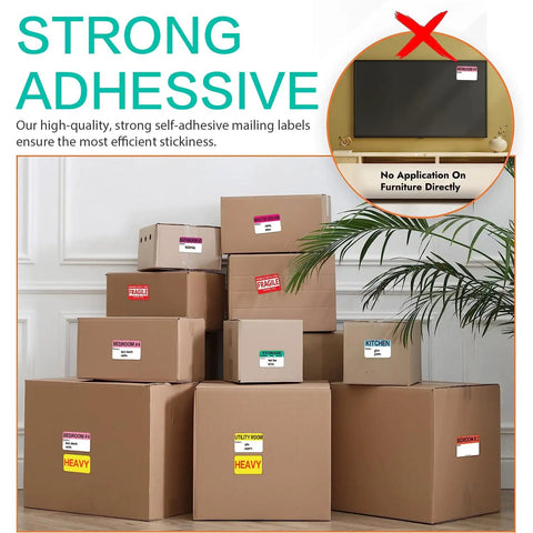 Massive 600 Count Moving Box Labels Pack For Three To Four Bedroom Homes with color-coded labels on stacked boxes