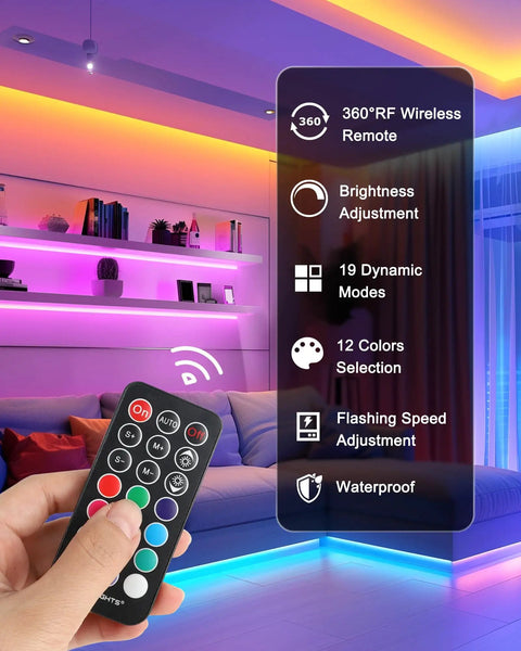 RGB Waterproof LED Strip Lights Kit With Dimmable 5050 Tape 4 Pre Cut 48Inch Strips RF Remote in colorful living room setup