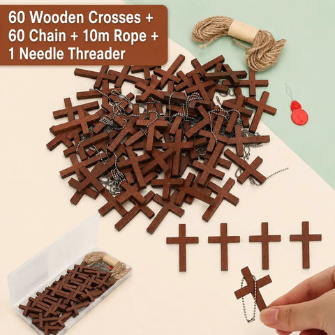 Hella Sturdy Wooden Cross Charms Bulk Pack Of Sixty Pocket Size Beads With Pre Drilled Hole For DIY Necklace Projects And Religious Craft Supplies Top Shelf Quality with ropes and chains