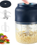This Portable Cordless Electric Garlic Chopper Is A Mini Rechargeable Food Processor With Six Stainless Steel Blades, featuring a 400mL bowl.