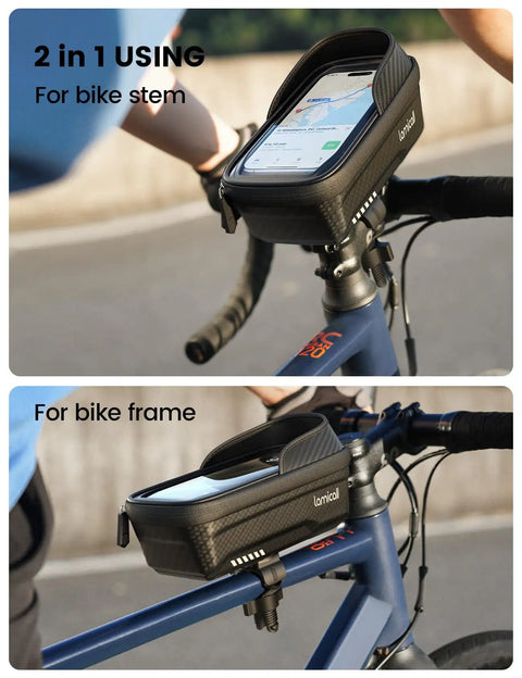 Waterproof Bike Frame Bag With 2 In 1 Phone Mount Top Tube Pouch For Cycling Quick Install Bicycle Phone Holder shown on bike